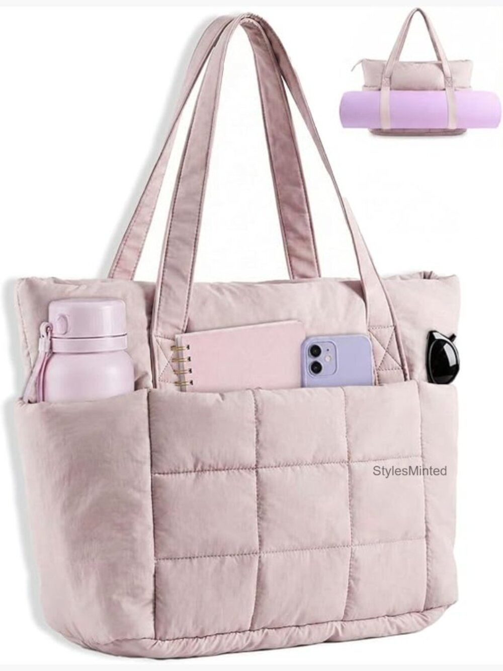 Puffer Tote Quilted Work Handbag with Yoga Mat Strap